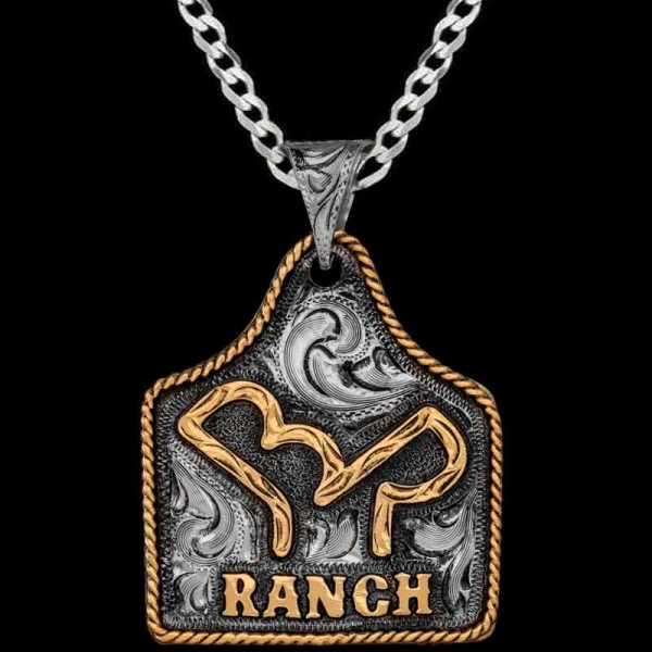 Shadow, German Silver base measures 1.75"x1.50" with a touch of our classic antique. Jewelers Bronze rope edge and Ranch Logo. 

Chain not in